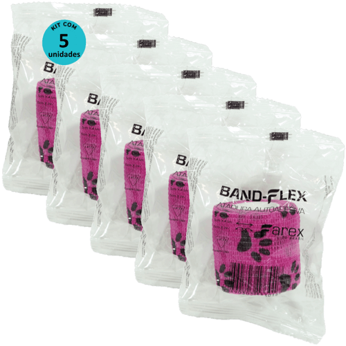 Atadura 5cm Rosa Com Patinhas Band-Flex Autoadesiva Para Animais Farex Kit Com 5